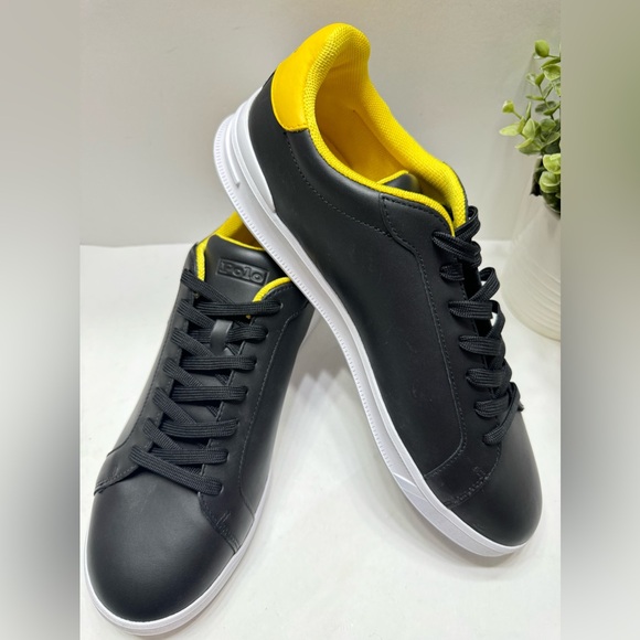 NEW Polo Ralph Lauren Heritage Court II Men’s Leather Sneakers Black Yellow 13 - Picture 8 of 9